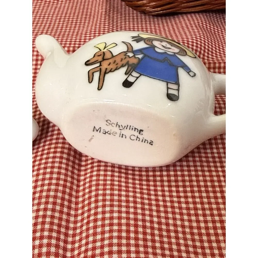 Vintage Schylling Madeline Tea Set Wicker Picnic Basket Complete Set Gingham 90s